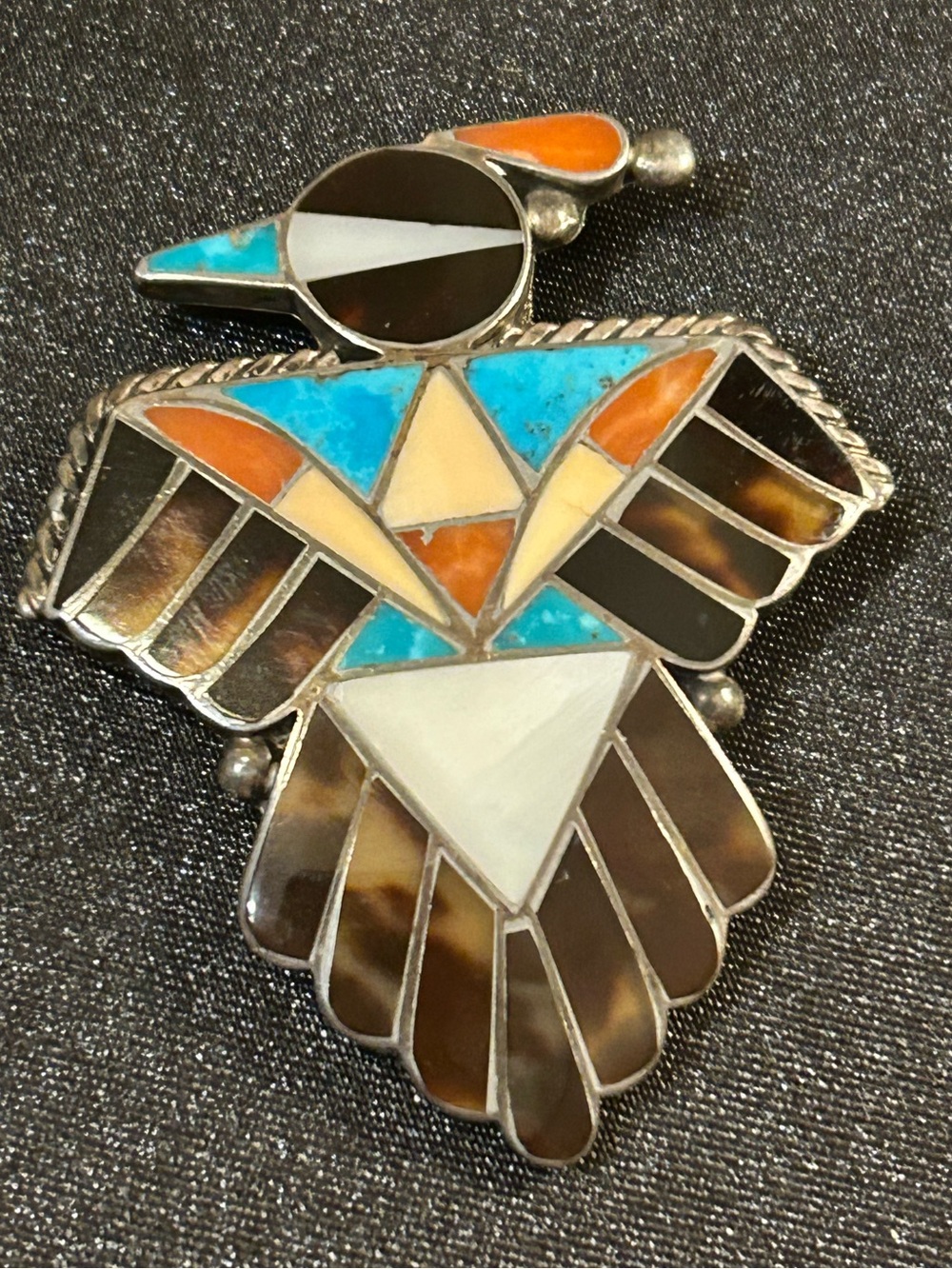 Handcrafted Turquoise, Orange & Brown Inlay Thunderbird Pendant